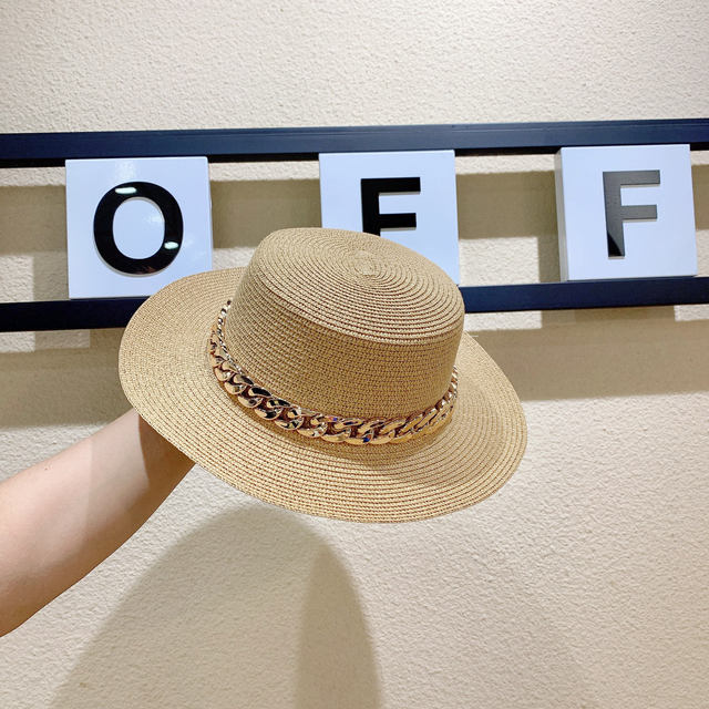Macaron color straw hat sun hat flat top Korean fashion color chain with top hat acrylic beach hat candy color sun hat - Shop Cute Buys