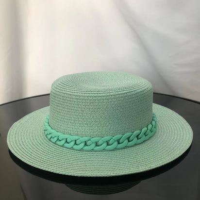 Macaron color straw hat sun hat flat top Korean fashion color chain with top hat acrylic beach hat candy color sun hat - Shop Cute Buys
