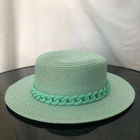 Macaron color straw hat sun hat flat top Korean fashion color chain with top hat acrylic beach hat candy color sun hat - Shop Cute Buys