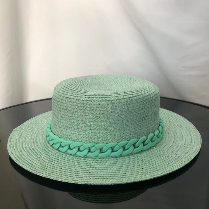 Macaron color straw hat sun hat flat top Korean fashion color chain with top hat acrylic beach hat candy color sun hat - Shop Cute Buys
