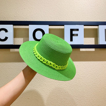 Macaron color straw hat sun hat flat top Korean fashion color chain with top hat acrylic beach hat candy color sun hat - Shop Cute Buys