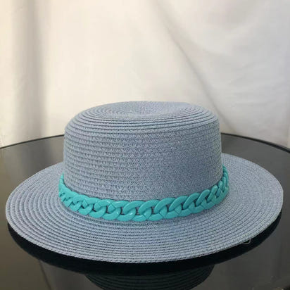 Macaron color straw hat sun hat flat top Korean fashion color chain with top hat acrylic beach hat candy color sun hat - Shop Cute Buys