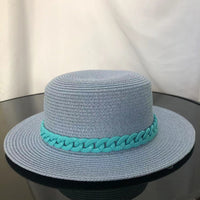 Macaron color straw hat sun hat flat top Korean fashion color chain with top hat acrylic beach hat candy color sun hat - Shop Cute Buys