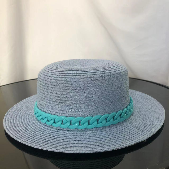 Macaron color straw hat sun hat flat top Korean fashion color chain with top hat acrylic beach hat candy color sun hat - Shop Cute Buys