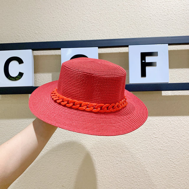 Macaron color straw hat sun hat flat top Korean fashion color chain with top hat acrylic beach hat candy color sun hat - Shop Cute Buys