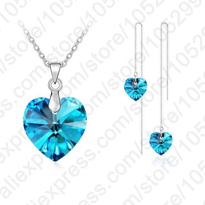 Brand Lovely Crystal Ocean Heart Real 925 Sterling Silver Pendant Necklace Earring Jewelry Gift Set With Box Chain Thread - Shop Cute Buys