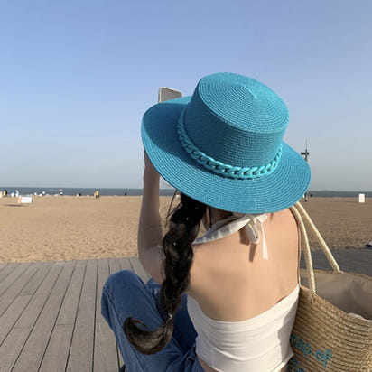 Macaron color straw hat sun hat flat top Korean fashion color chain with top hat acrylic beach hat candy color sun hat - Shop Cute Buys