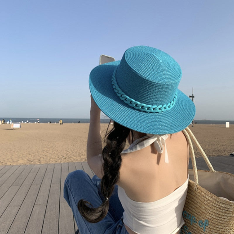 Macaron color straw hat sun hat flat top Korean fashion color chain with top hat acrylic beach hat candy color sun hat - Shop Cute Buys