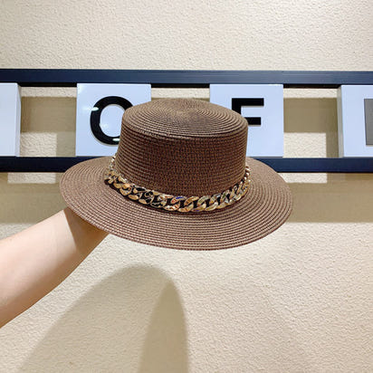 Macaron color straw hat sun hat flat top Korean fashion color chain with top hat acrylic beach hat candy color sun hat - Shop Cute Buys