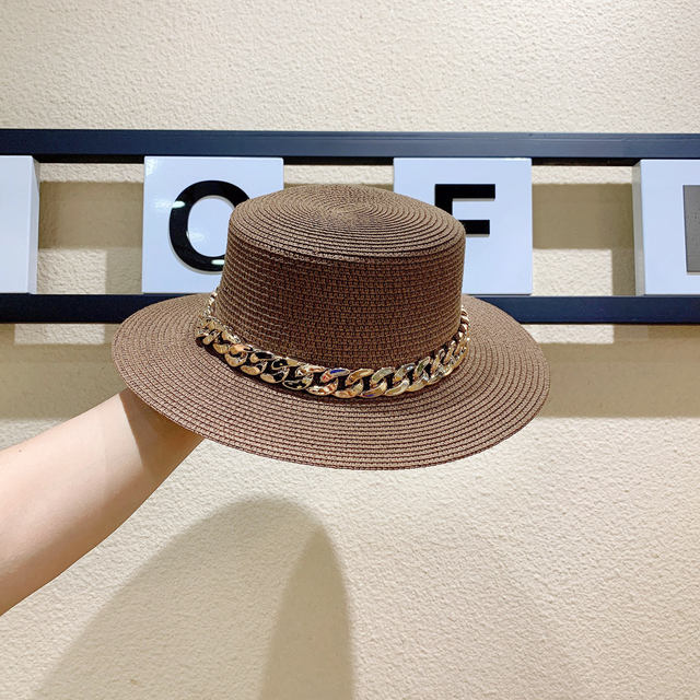 Macaron color straw hat sun hat flat top Korean fashion color chain with top hat acrylic beach hat candy color sun hat - Shop Cute Buys