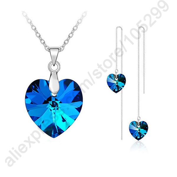 Brand Lovely Crystal Ocean Heart Real 925 Sterling Silver Pendant Necklace Earring Jewelry Gift Set With Box Chain Thread - Shop Cute Buys