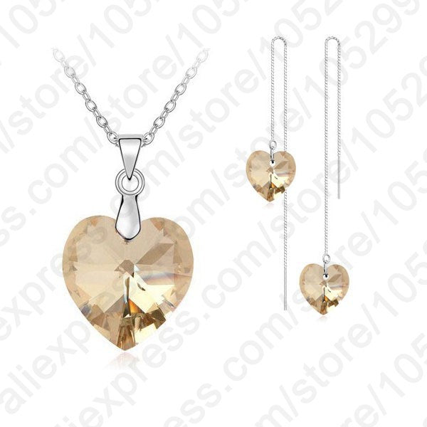 Brand Lovely Crystal Ocean Heart Real 925 Sterling Silver Pendant Necklace Earring Jewelry Gift Set With Box Chain Thread - Shop Cute Buys