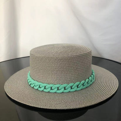 Macaron color straw hat sun hat flat top Korean fashion color chain with top hat acrylic beach hat candy color sun hat - Shop Cute Buys