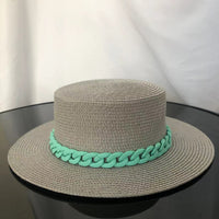 Macaron color straw hat sun hat flat top Korean fashion color chain with top hat acrylic beach hat candy color sun hat - Shop Cute Buys
