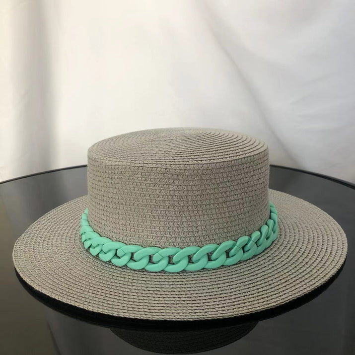 Macaron color straw hat sun hat flat top Korean fashion color chain with top hat acrylic beach hat candy color sun hat - Shop Cute Buys