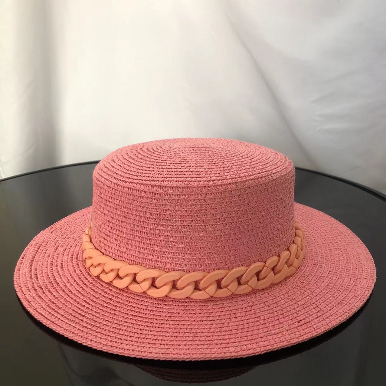 Macaron color straw hat sun hat flat top Korean fashion color chain with top hat acrylic beach hat candy color sun hat - Shop Cute Buys