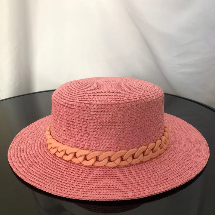Macaron color straw hat sun hat flat top Korean fashion color chain with top hat acrylic beach hat candy color sun hat - Shop Cute Buys