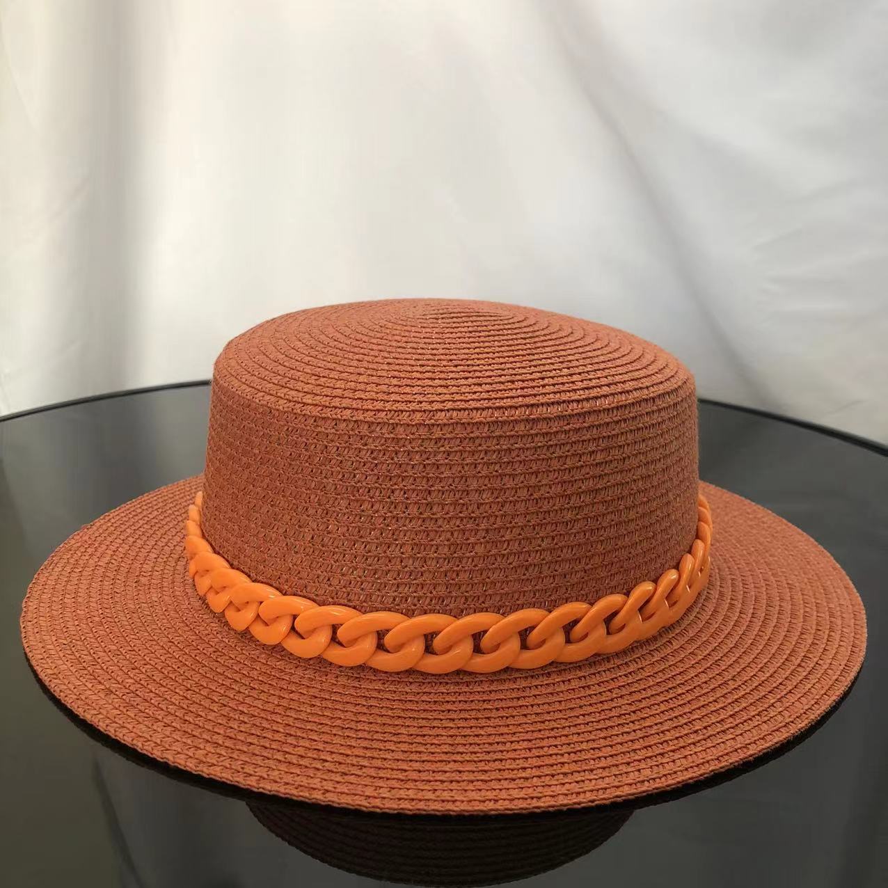 Macaron color straw hat sun hat flat top Korean fashion color chain with top hat acrylic beach hat candy color sun hat - Shop Cute Buys