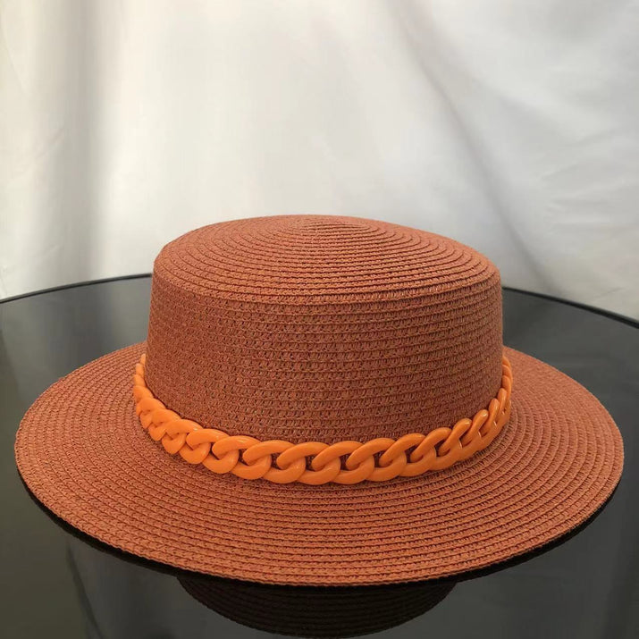 Macaron color straw hat sun hat flat top Korean fashion color chain with top hat acrylic beach hat candy color sun hat - Shop Cute Buys