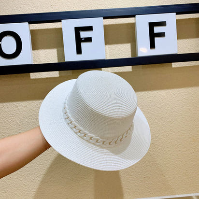 Macaron color straw hat sun hat flat top Korean fashion color chain with top hat acrylic beach hat candy color sun hat - Shop Cute Buys