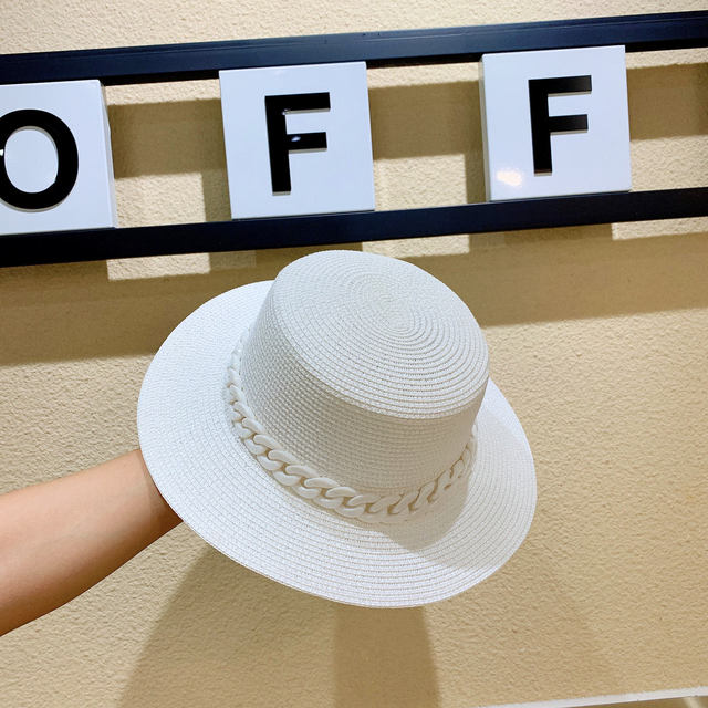 Macaron color straw hat sun hat flat top Korean fashion color chain with top hat acrylic beach hat candy color sun hat - Shop Cute Buys