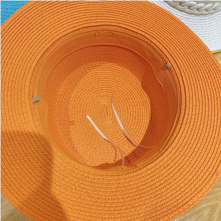 Macaron color straw hat sun hat flat top Korean fashion color chain with top hat acrylic beach hat candy color sun hat - Shop Cute Buys