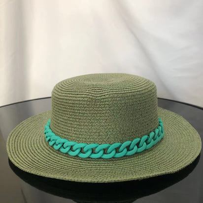Macaron color straw hat sun hat flat top Korean fashion color chain with top hat acrylic beach hat candy color sun hat - Shop Cute Buys