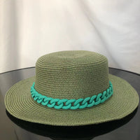 Macaron color straw hat sun hat flat top Korean fashion color chain with top hat acrylic beach hat candy color sun hat - Shop Cute Buys
