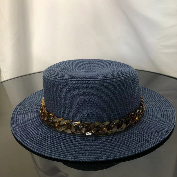 Macaron color straw hat sun hat flat top Korean fashion color chain with top hat acrylic beach hat candy color sun hat - Shop Cute Buys