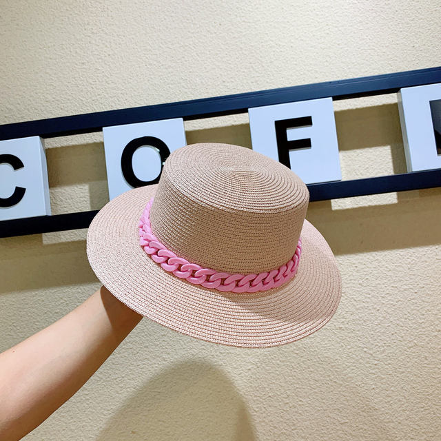 Macaron color straw hat sun hat flat top Korean fashion color chain with top hat acrylic beach hat candy color sun hat - Shop Cute Buys