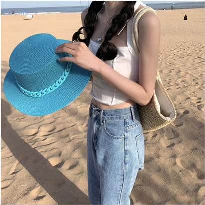 Macaron color straw hat sun hat flat top Korean fashion color chain with top hat acrylic beach hat candy color sun hat - Shop Cute Buys
