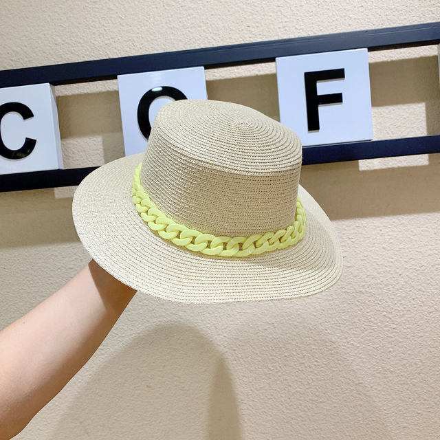 Macaron color straw hat sun hat flat top Korean fashion color chain with top hat acrylic beach hat candy color sun hat - Shop Cute Buys
