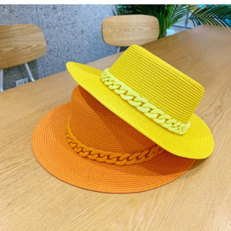 Macaron color straw hat sun hat flat top Korean fashion color chain with top hat acrylic beach hat candy color sun hat - Shop Cute Buys